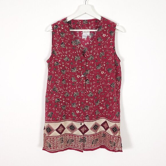 First Issue Vintage Red Patterned Sleeveless Silk Button Down Top - Picture 1 of 8